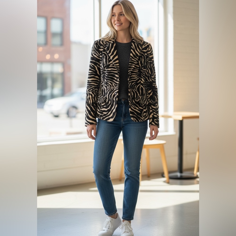 Etcetera Zebra Animal Print Long Sleeve Blazer Size 4 In Dark Brown